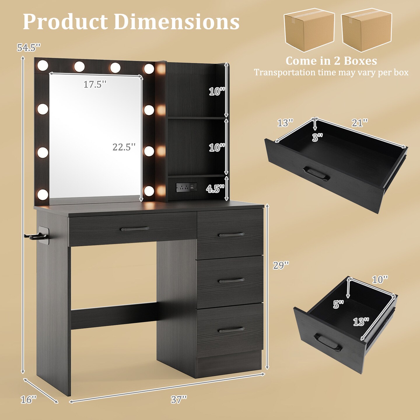 MDF Vanity Desk with Mirror, 3-Color Lighting, Storage and Charging Station