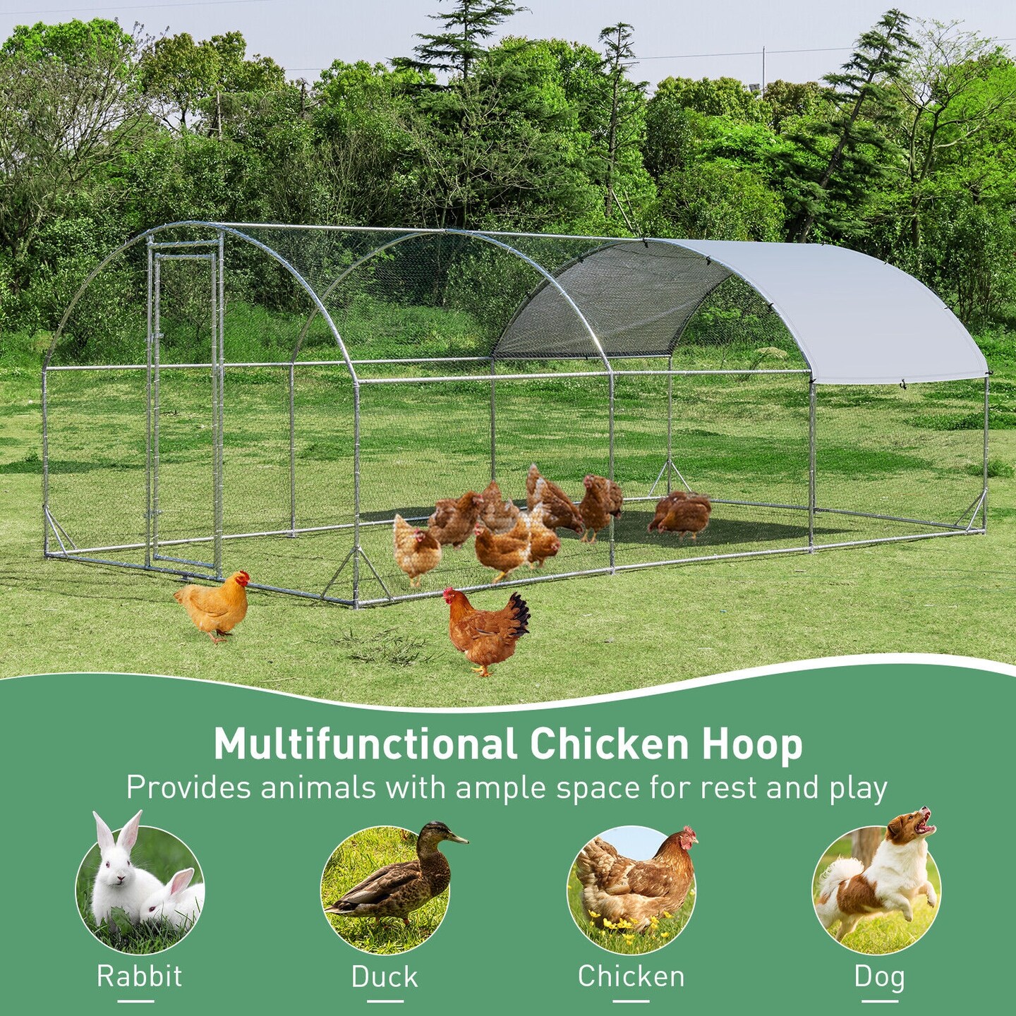 Galvanized Metal Chicken Coop with Waterproof Cover, Lockable Door and Spacious Design