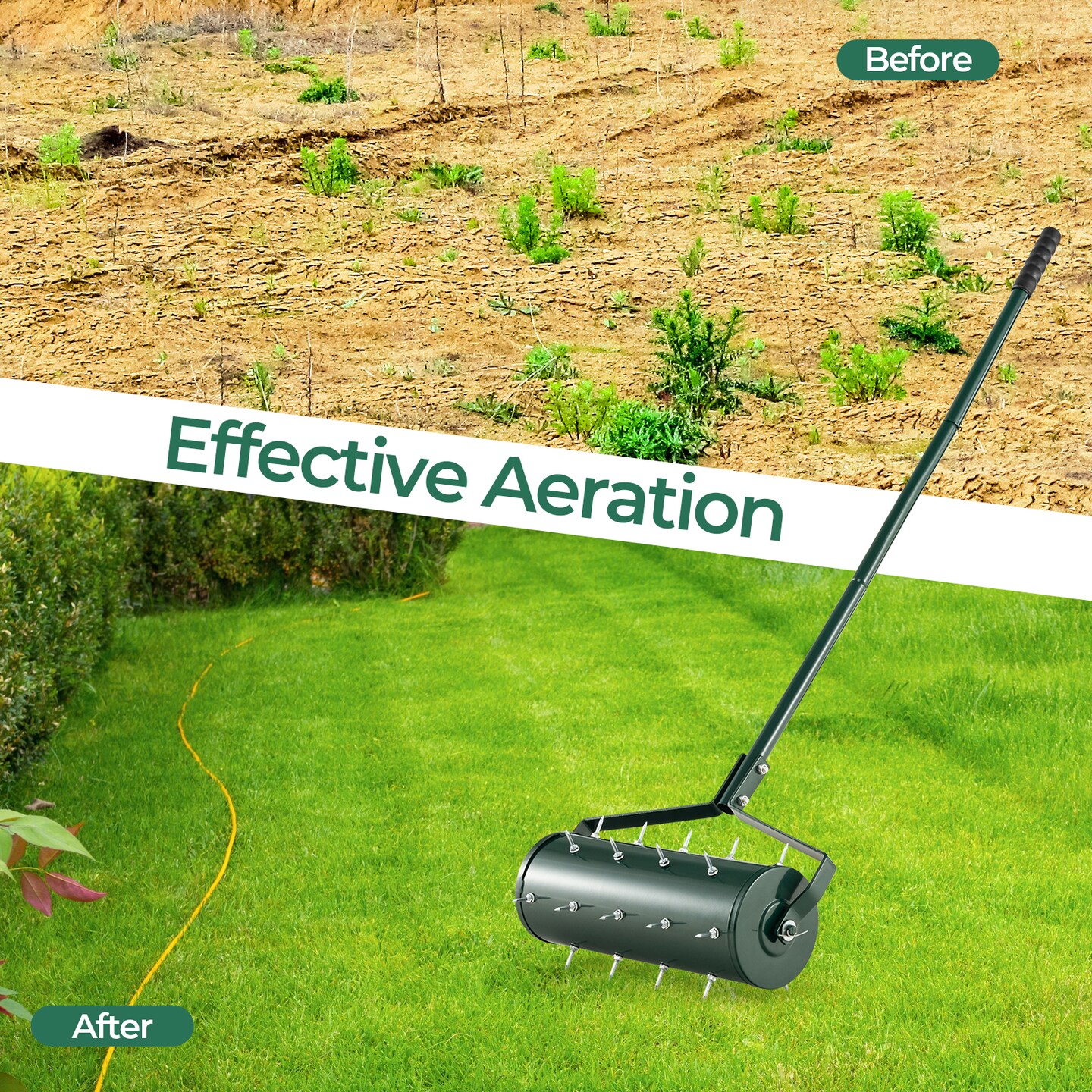 Green Galvanized Steel Lawn Aerator with Spikes, Sand-Filled Drum and Detachable Handle