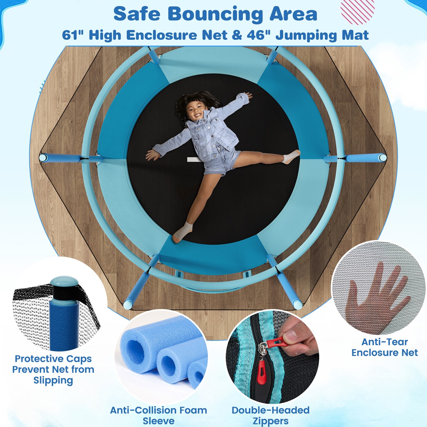 Metal Kids Trampoline with Gymnastic Bar and Safety Net
