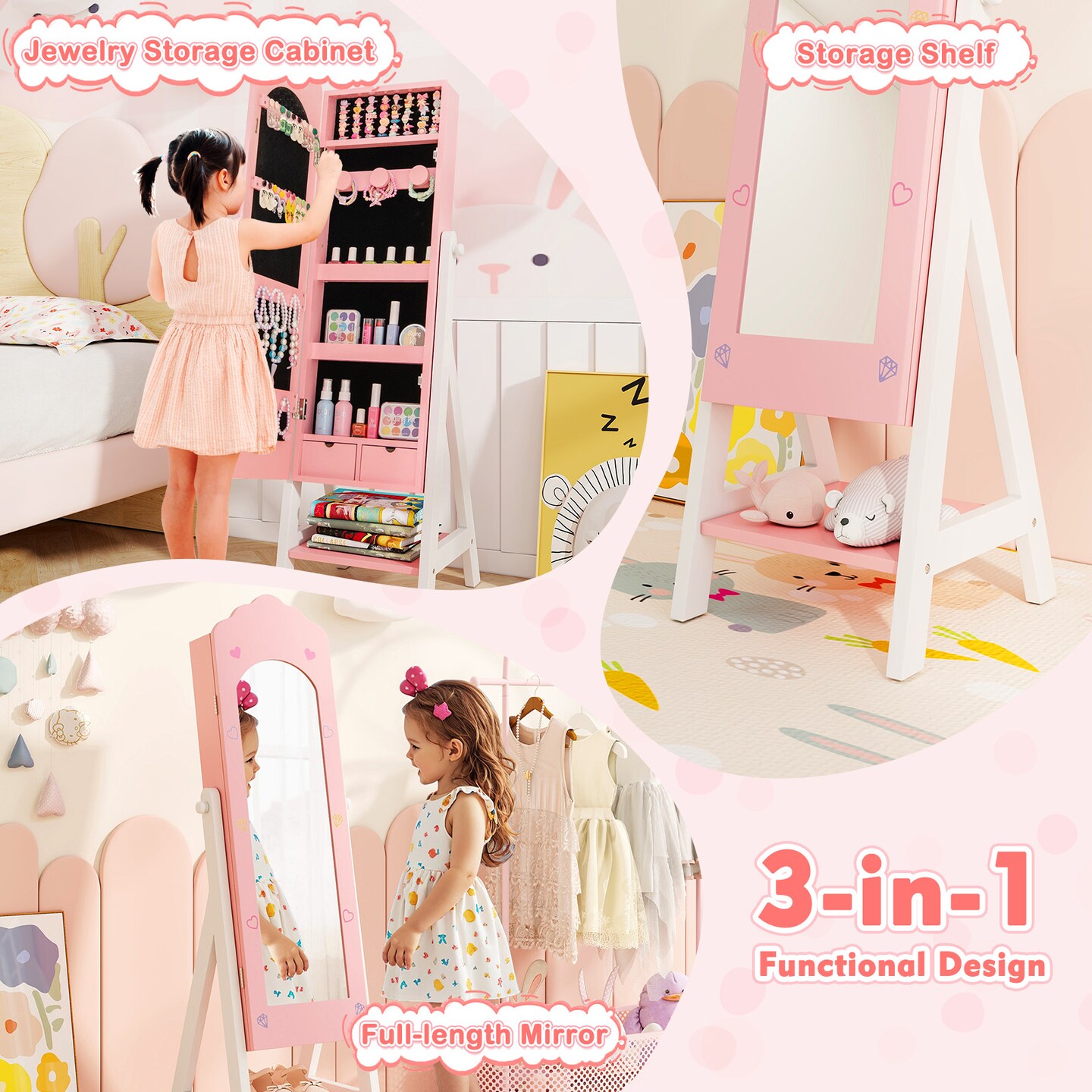 MDF Jewelry Organizer with Full-Length Mirror, Storage and Safety Features