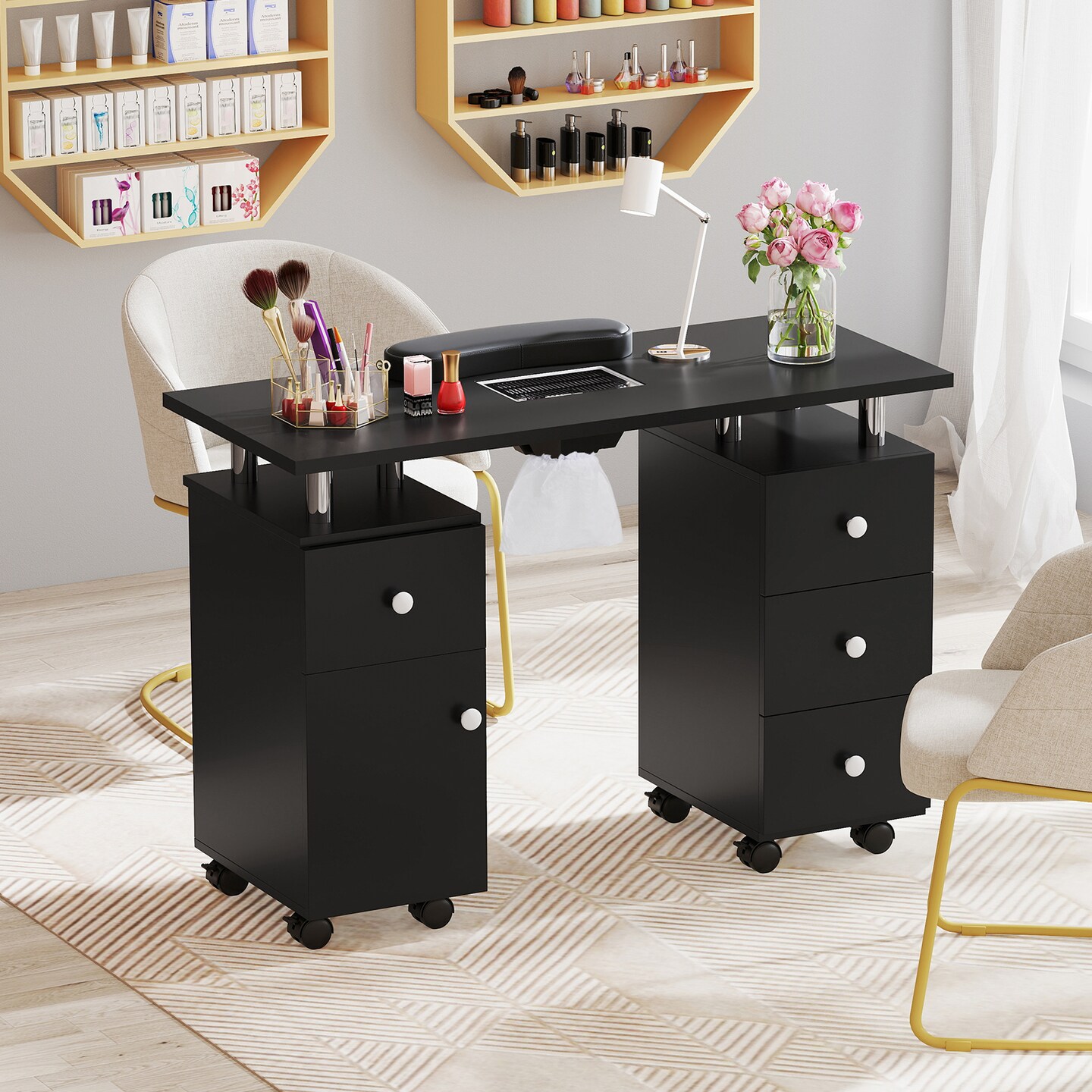 Manicure Table with Dust Collector, Storage and Wrist Rest Cushion