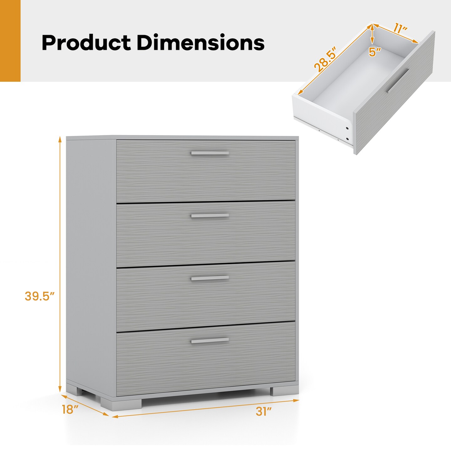 Engineered Wood Dresser with 4 Drawers Storage Cabinet, Metal Legs and Modern Design
