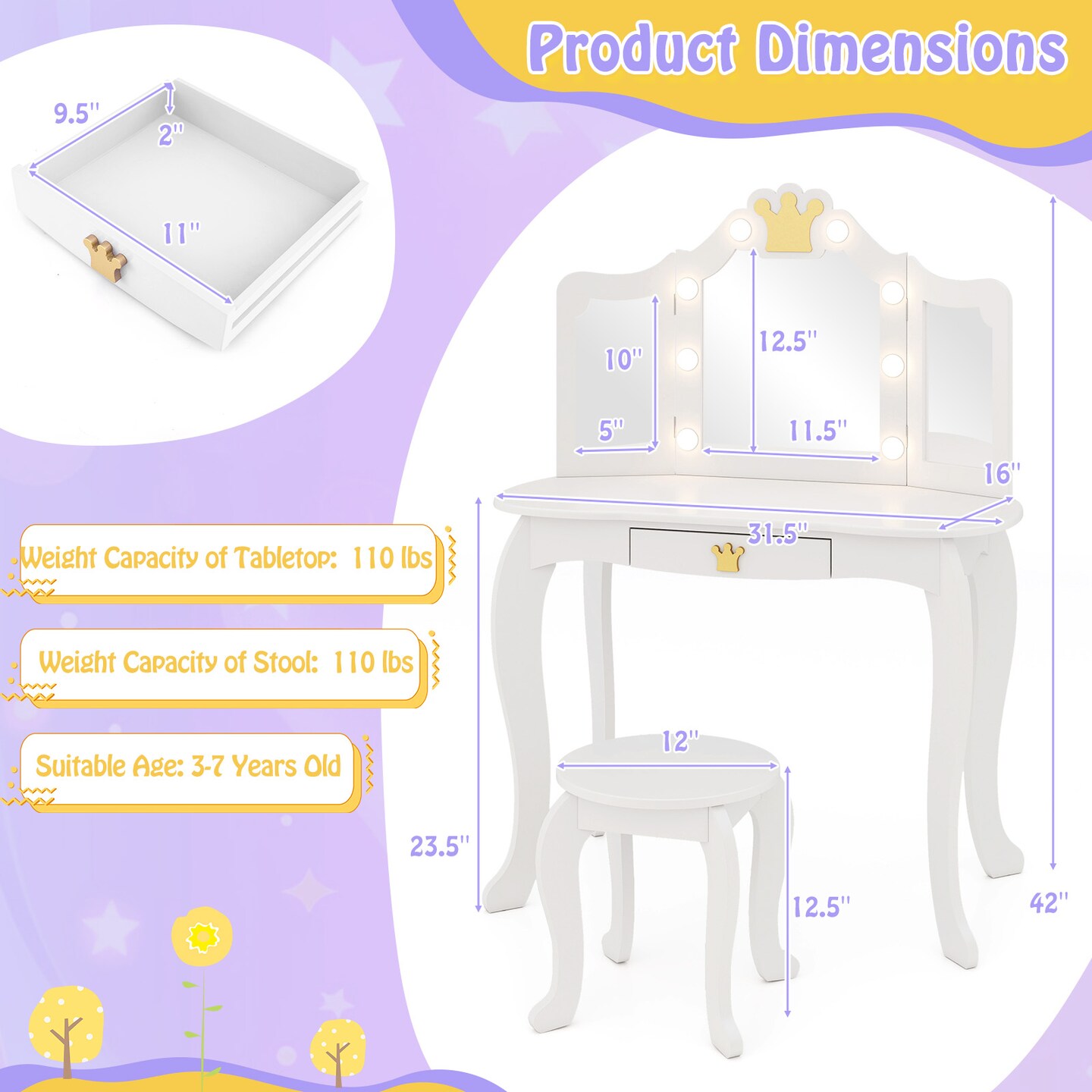 MDF and Acrylic Kids Vanity Set with Tri-Fold Mirror, LED Lights and Storage