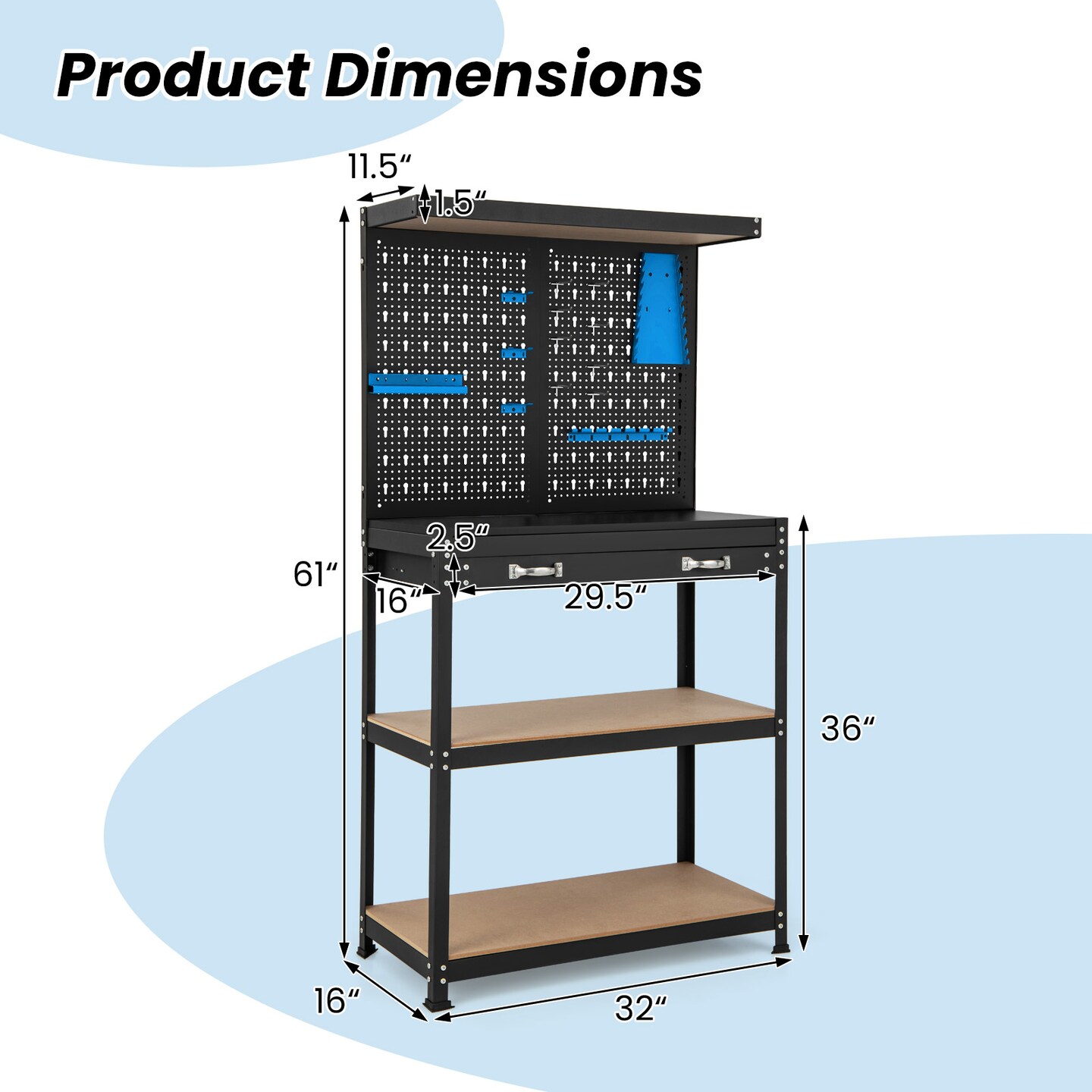 Freestanding Tool Storage Workbench with Pegboard with 14 Hanging Accessories and 2 Drawers