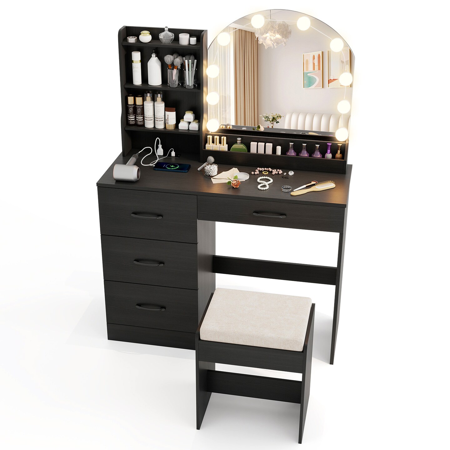 MDF Vanity Table with LED Mirror, Charging Station and Large Storage