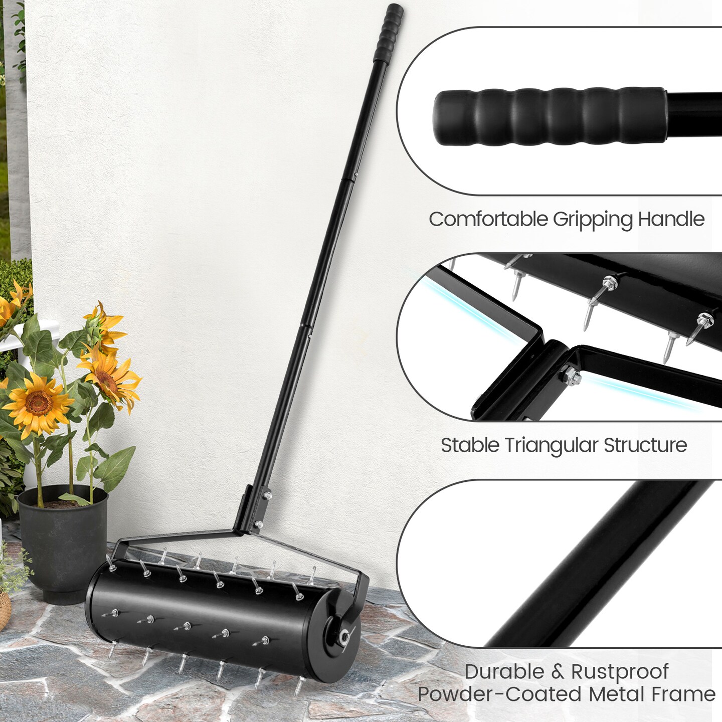Spike Lawn Aerator with Galvanized Steel Drum, Detachable Handle and Sand Filling