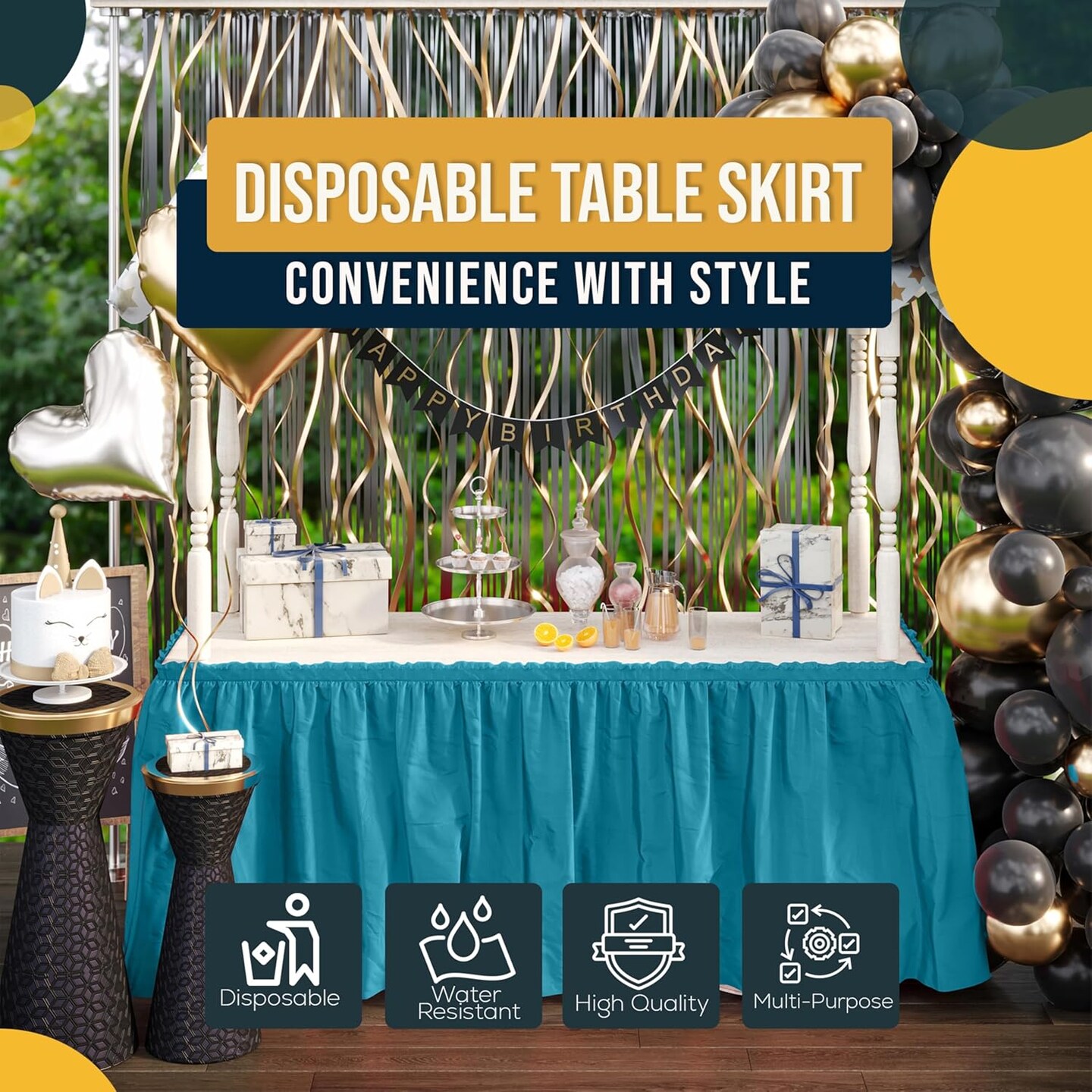 6-Pack Turquoise Ruffle Table Skirt – 14 Ft Each for 6ft Rectangle or Round Tables, Adhesive Strip Included, Perfect for Gender Reveal and Birthday Party Decorations