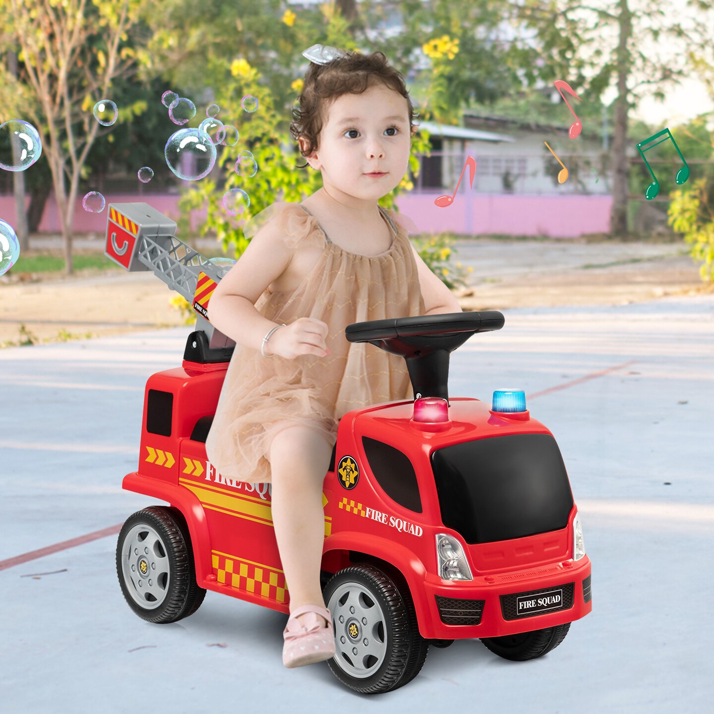 Costway Kids Ride On Fire Truck Foot-to-Floor Sliding Push Car w/ Music & Bubble Maker