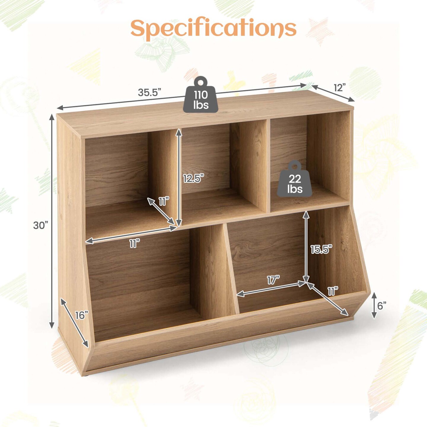 Costway 5-Cubby Kids Toy Storage Organizer Wooden Bookshelf Display Cabinet Natural/White
