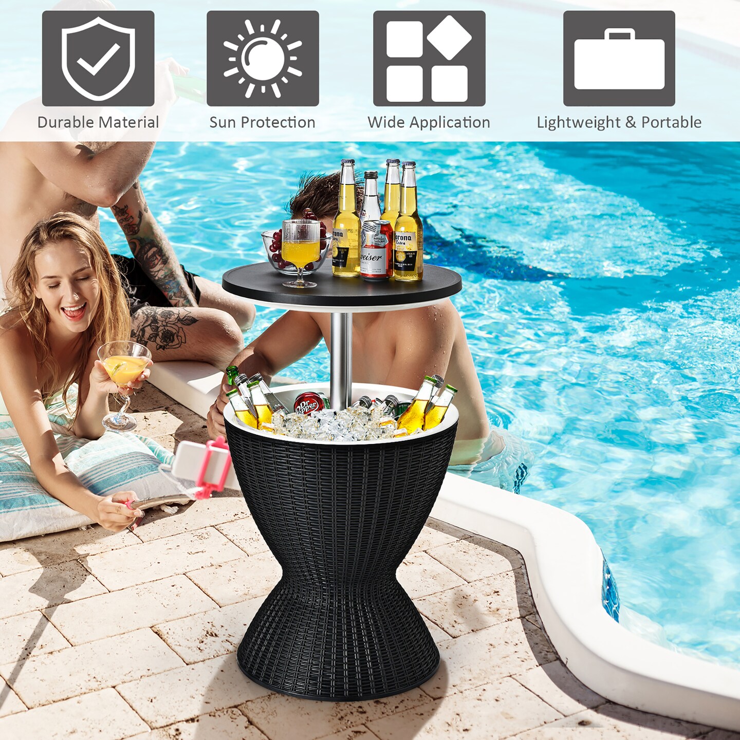 Costway 8 Gallon 3 in 1 Patio Rattan Cooler Bar Table Adjust Ice Bucket Brown\Black