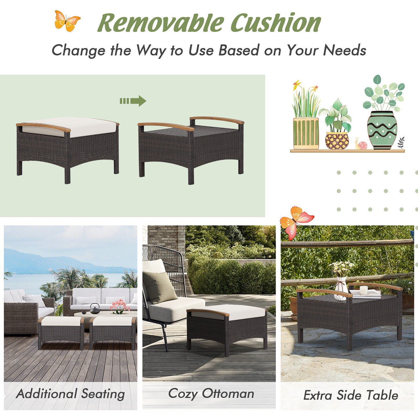 Costway Set of 2 Patio Rattan Ottoman Footrest Cushions Wooden Handle Off White\Brown\Red\Navy