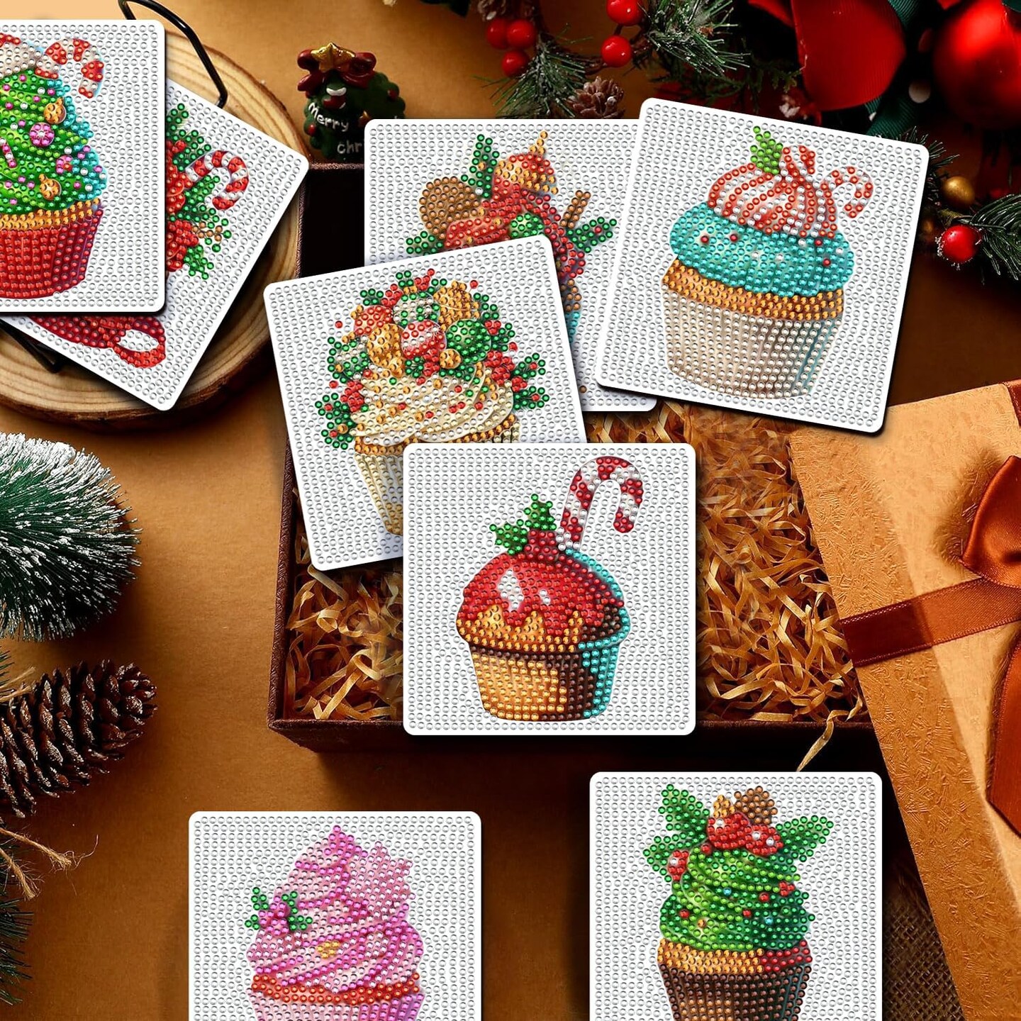 8 Pcs DIY Diamond Art Painting Christmas Cupcake Coasters with Holder, Christmas Style Coasters Diamond Art Kits for Adults Beginners. Diamond Craft Supplies Coasters for Drinks