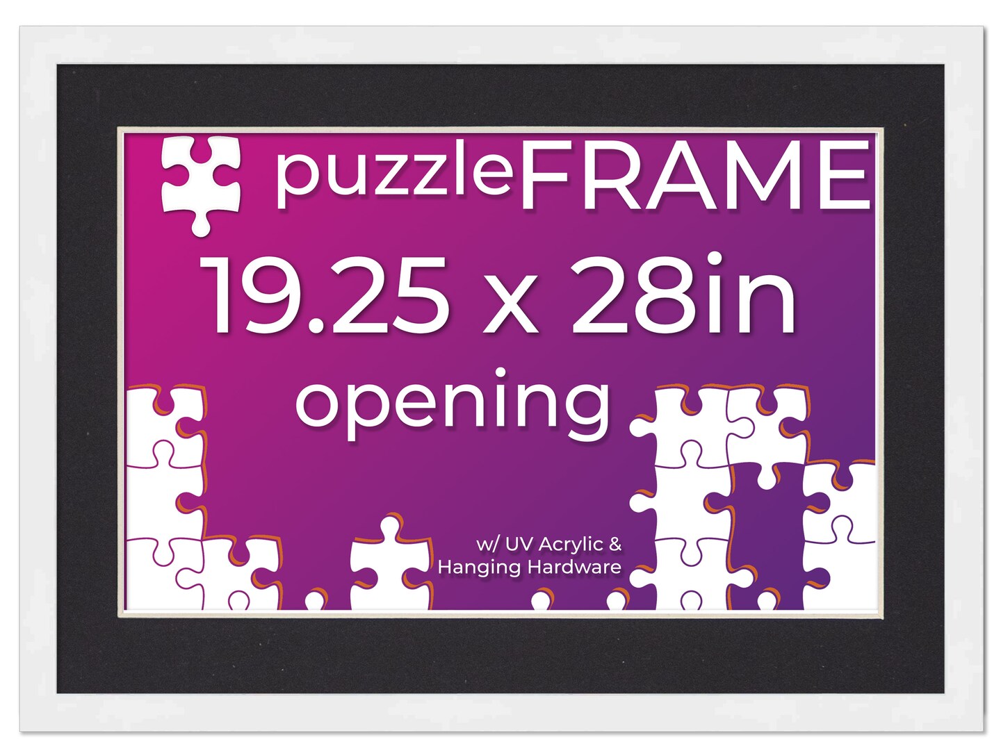 19.25x28 Jigsaw Puzzle Frame Kit - Kit Includes Puzzle Glue Sheets, White Wood Puzzle Frame with Black Mat, UV Acrylic, Backing,, Hanging Hardware