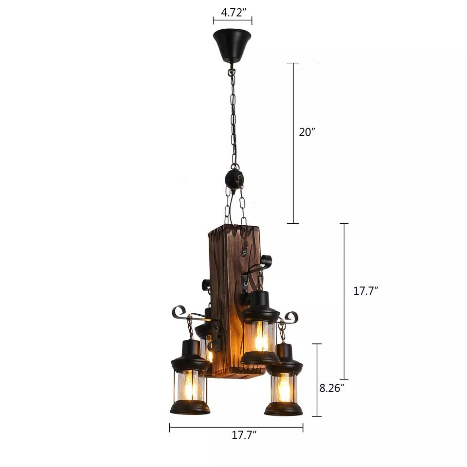 4-Light Vintage Farmhouse Wood Chandelier Pendant Lighting Kitchen Bar Fixture