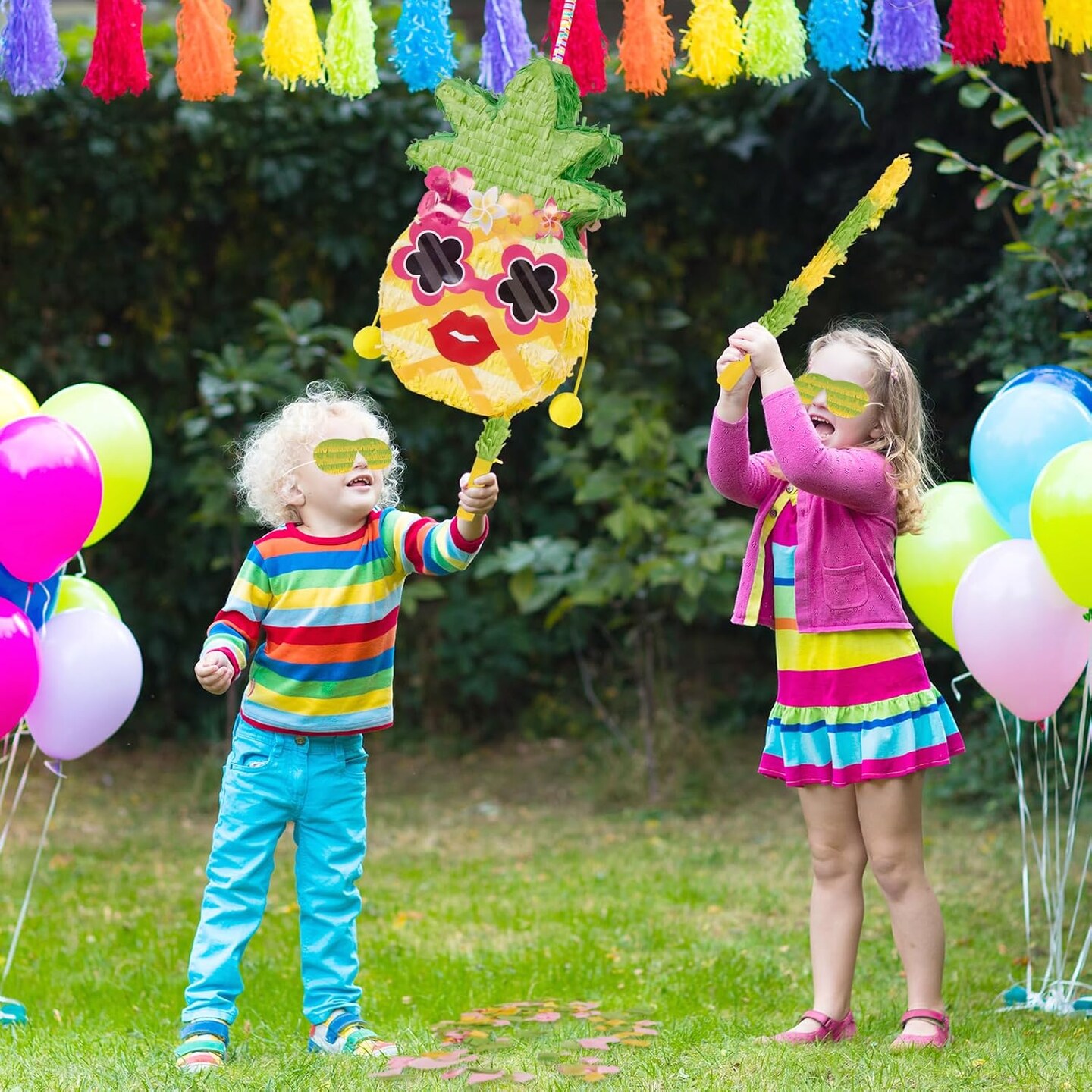 Small Pineapple Pinata, with Blindfold and Stick for Hawaiian Tropical Luau Party Supplies, Summer Fruit Themed Birthday Party Decorations for Girls Boys Kids