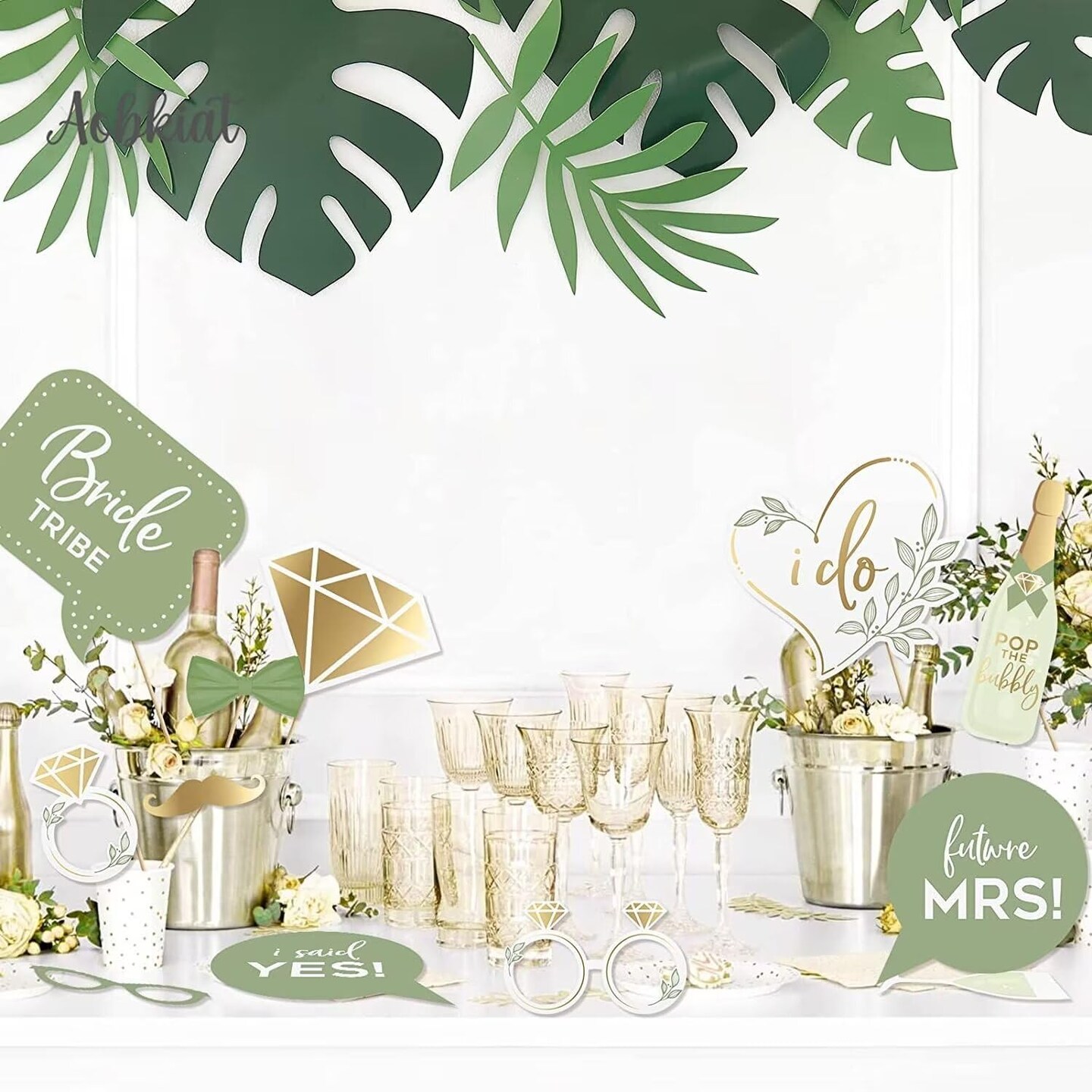 Olive Green Wedding Photo Props Kit,12 Pack Engagement Photo Props Accessories with Wooden Dowels for Bridal Shower Wedding Favour Party Decorations