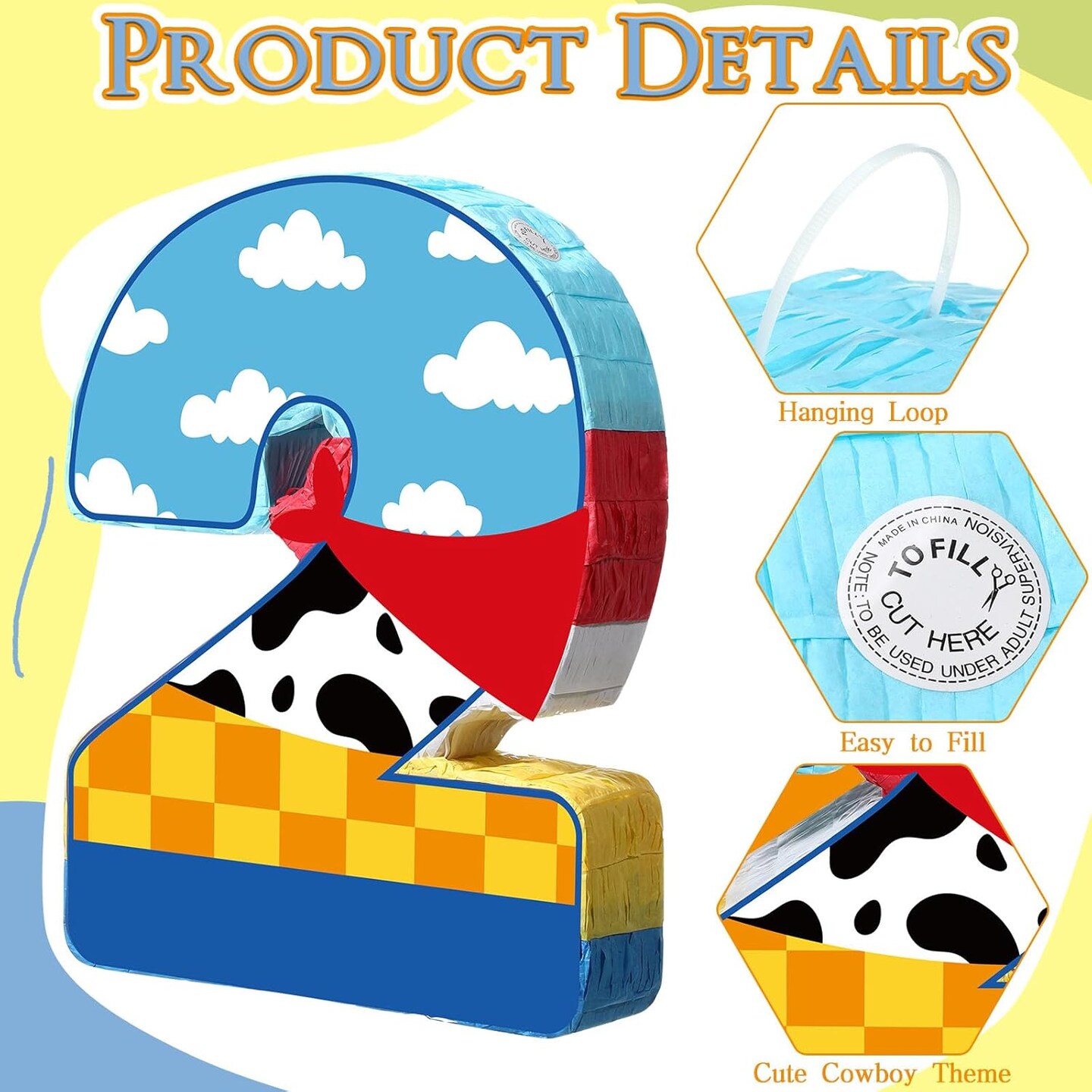 Toy Inspired Game Pi&#xF1;ata Cow Pi&#xF1;ata for Kids Cartoon Story with Stick Blue Yellow Red Cow Clouds Decor for Boys Girls Adults Birthday Baby Shower Party Supplies Gifts Decor(Number 2)