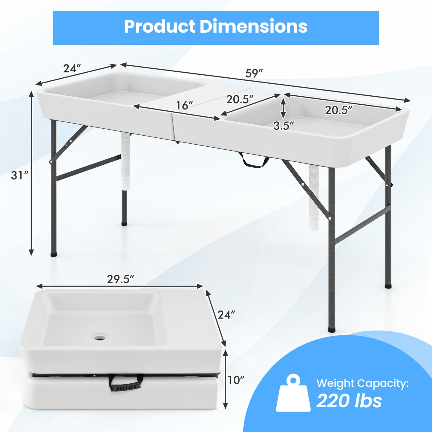 White Folding Ice Cooler Table with Double Sinks and H-Shaped Metal Frame Ideal for Picnic or Wedding