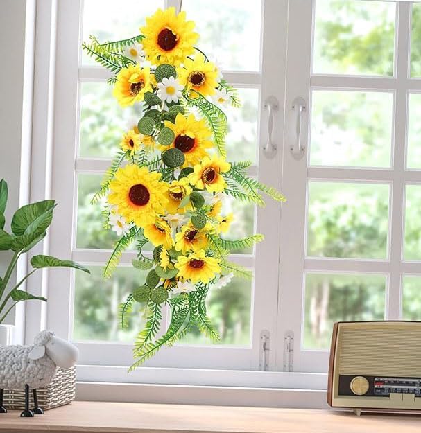 Summer 2PCS Artificial Sunflower Garland &#x2013; Silk Sunflower Vine with Green Leaves and White Flowers for Home, Kitchen, Garden, and Wedding Arch Decor