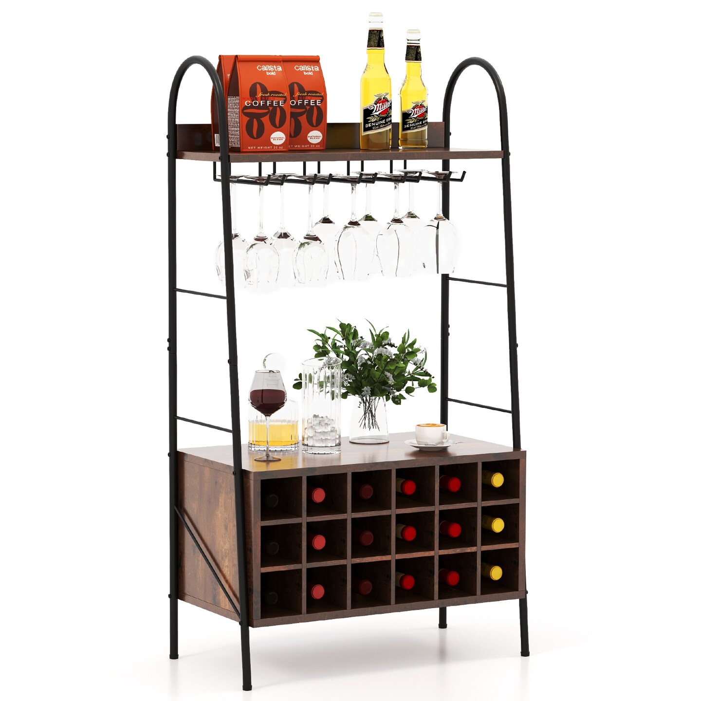 Rustic Brown Bakers Rack with Removable 18-Bottle Wine Rack and Stemware Holder