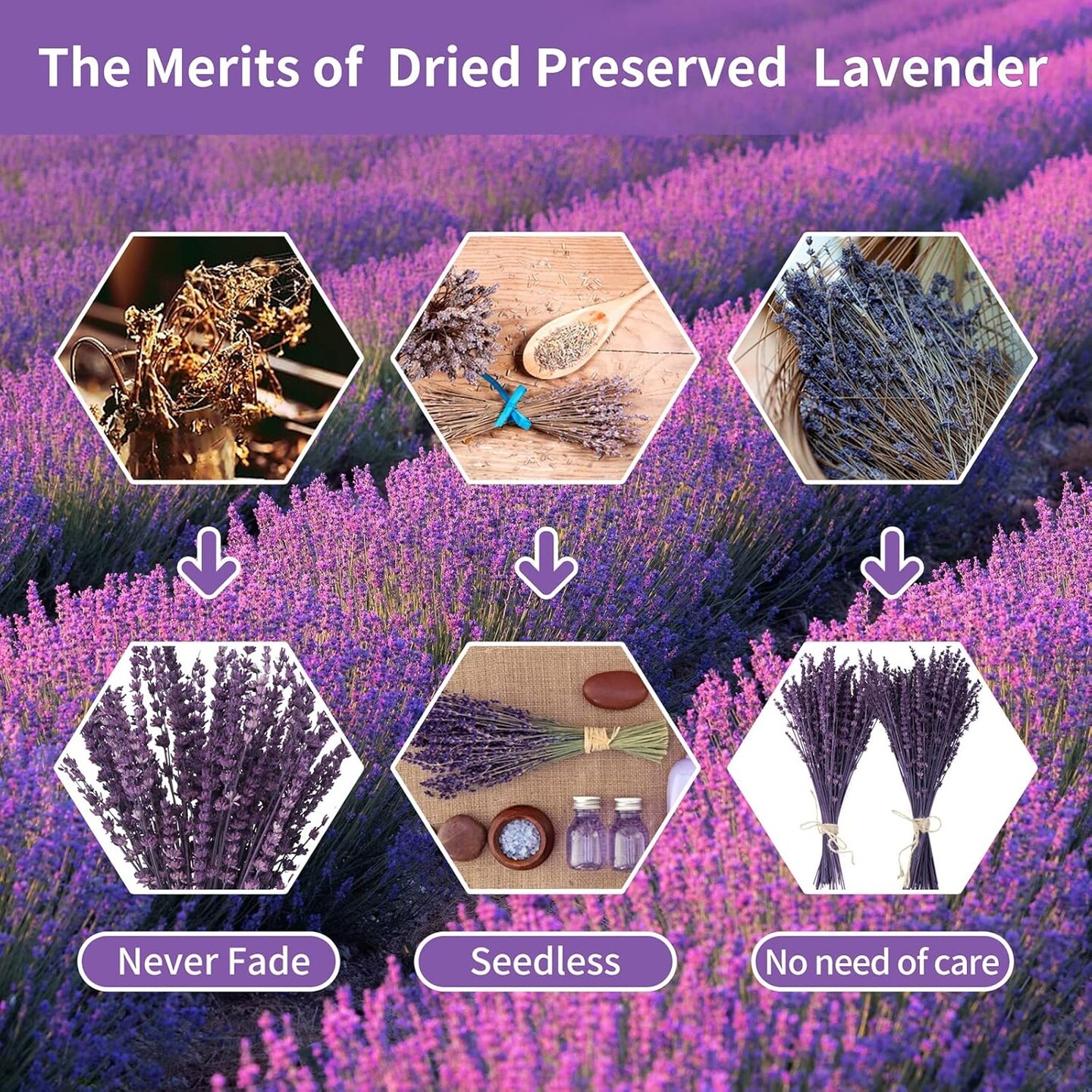Dried Preserved Lavender Flowers Bundle-Natural Dried Lavender Bouquet 180-200 Stems 15&#x27;&#x27;-17&#x22; for Wedding Home Shower Vase Decor, Aromatherapy, Fragrance, Fresh, Dry, 2 Packs