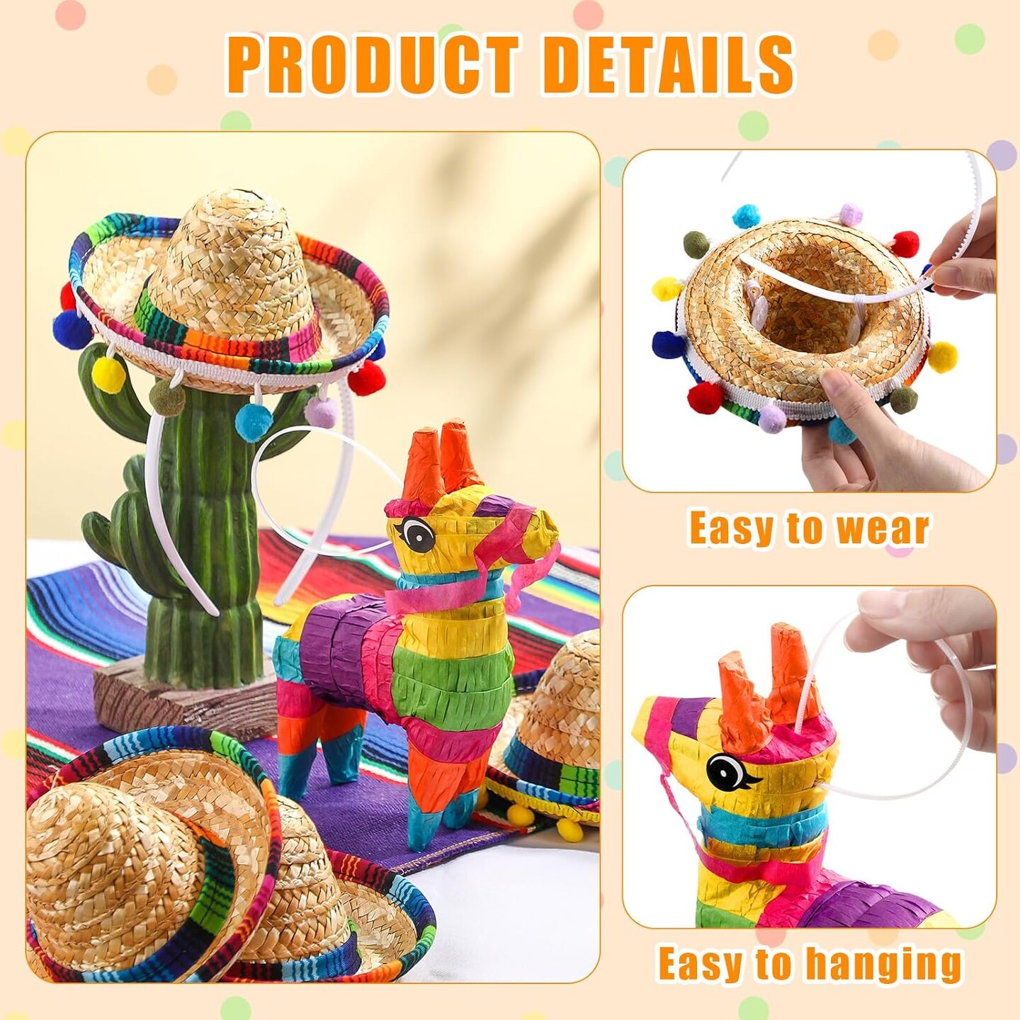 6 Pieces Mini Rainbow Donkey Pi&#xF1;ata 4 x 7 Inch and 6 Pieces Sombrero Hat headbands for Cinco De Mayo Mexican Decorations Carnivals Festivals Taco Tuesday Event Fiesta Supplies(Classic Style)