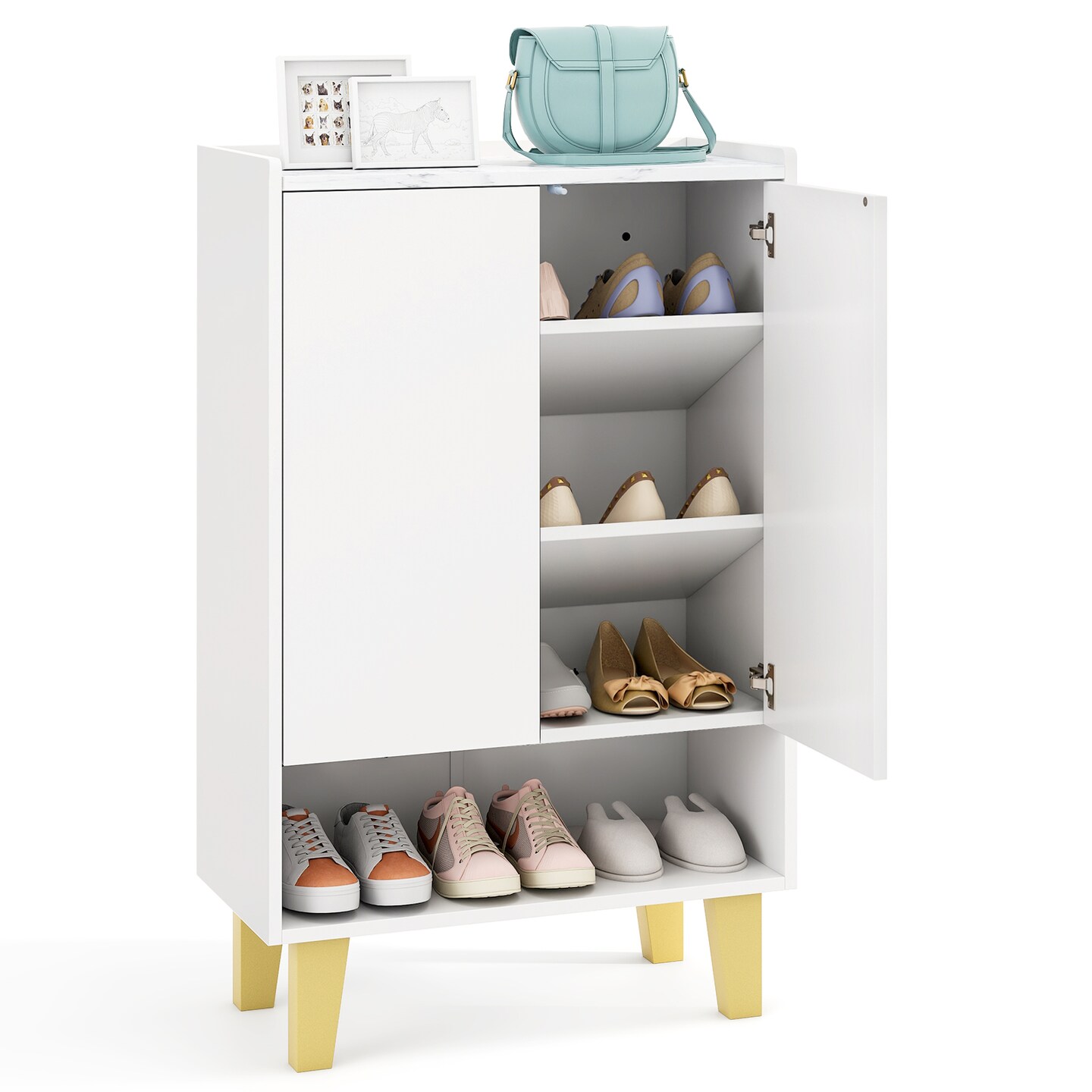 White Wooden 5-Tier Shoe Cabinet with Golden Legs and Flat Tilting Shelves