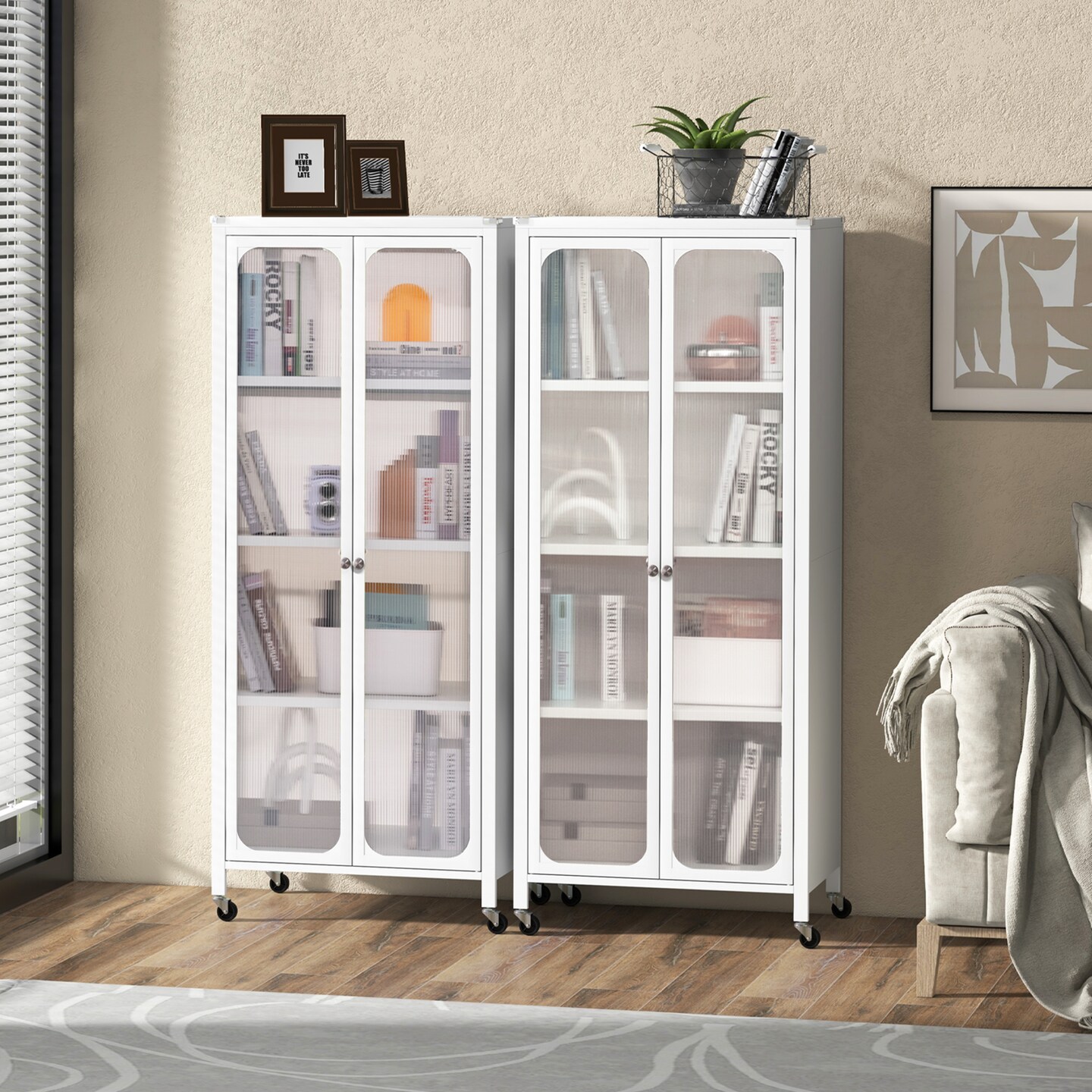 White Metal Storage Cabinet with Adjustable Shelves &#x26; Lockable Wheels
