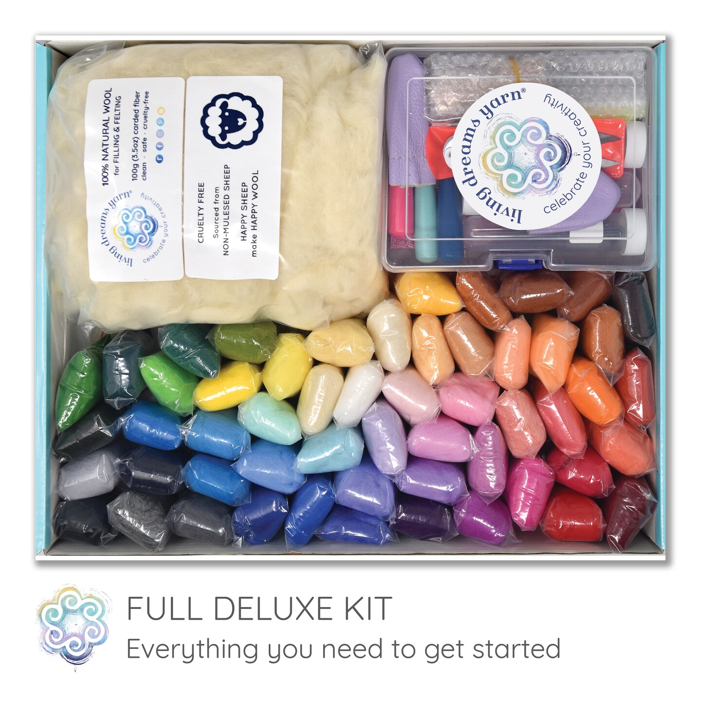 Extra Large Needle Felting Starter Kit Includes 54 Premium Wool Colors, 100G Core Wool, 50 Needles and Tools, Text and Video Guide. Craft Kit for Beginners, Kids and Adults