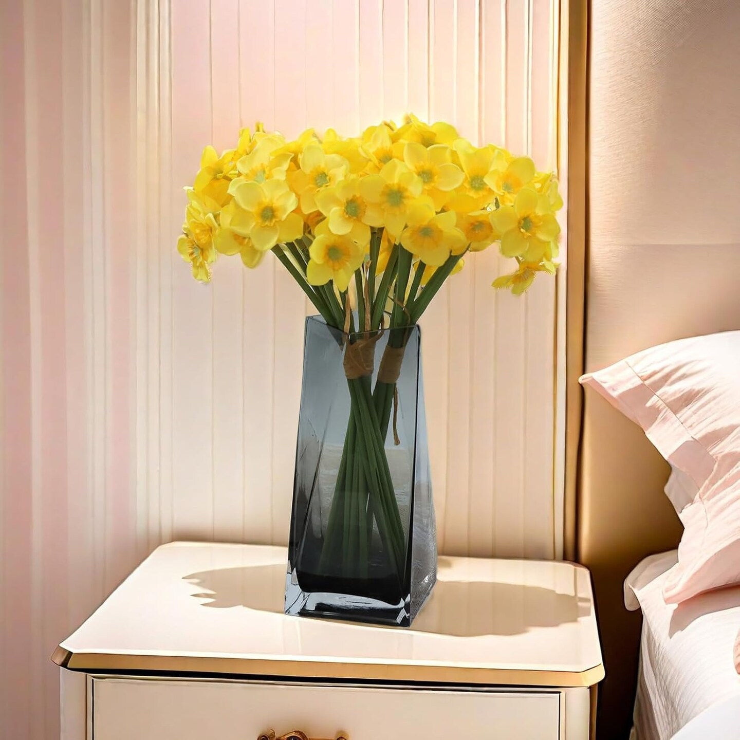 Summer Artificial Daffodil Silk Floral Arrangement – 2 Bundles, Yellow Decorative Home and Office Accent