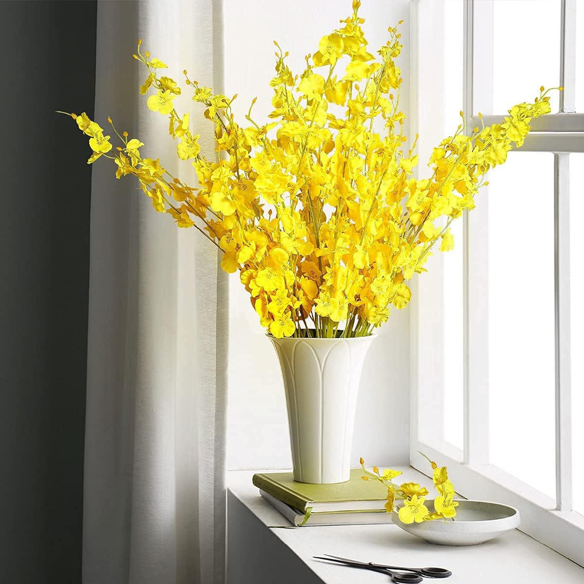 12Pcs Summer Floral Arrangement – Yellow Artificial Orchids, Dried Silk Faux Dancing Orchids Bouquet for Wedding, Home, Kitchen, and Office Decor