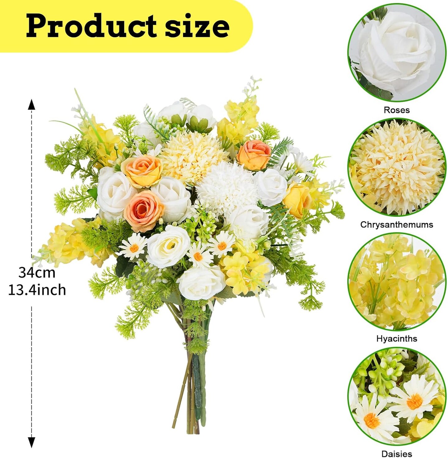 8Pcs Artificial Silk Rose Bouquet Yellow with Faux Lilac Floral Arrangements, White Flowers Picks for Home Table Centerpieces Summer Decorations