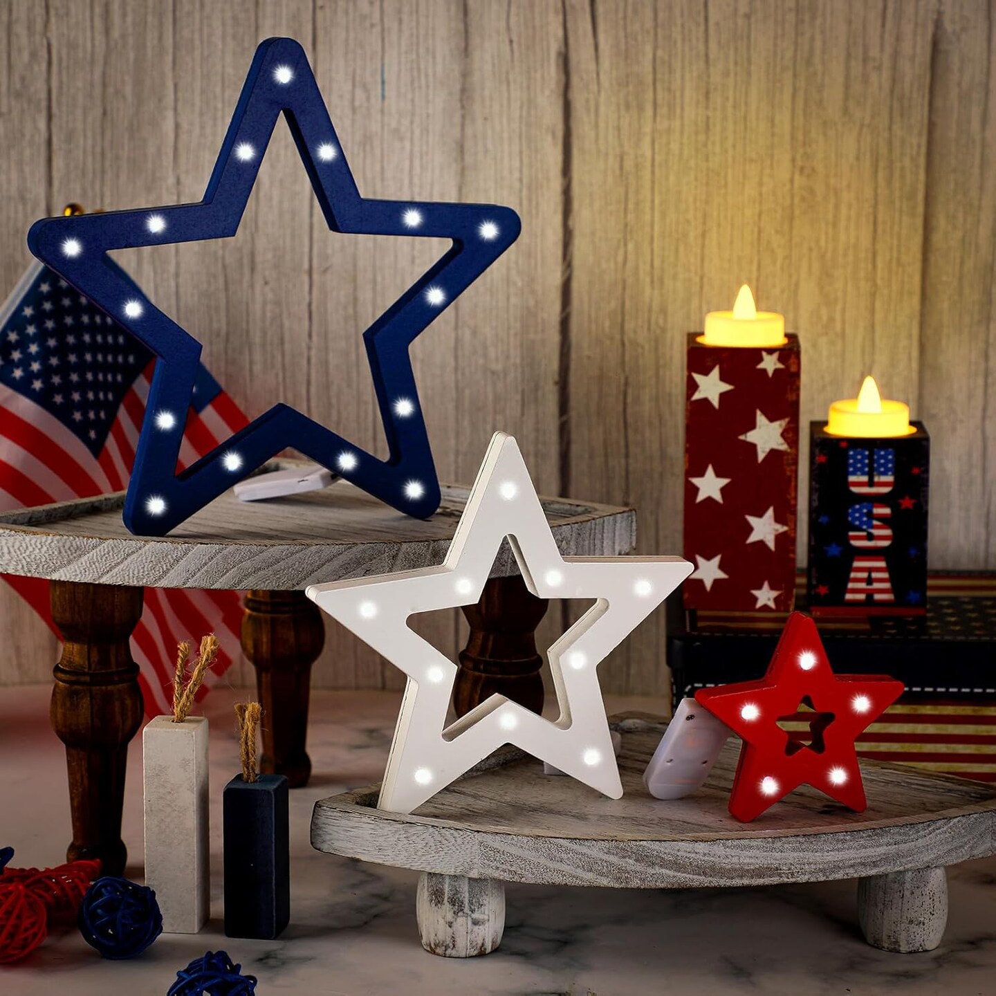 3 Pieces 4th of July Star Tabletop Decorations Patriotic Star Light up Wooden Sign Independence Day Tabletop Centerpiece Red White Blue Wood Decor for Memorial Day Tiered Tray Table Home Decor