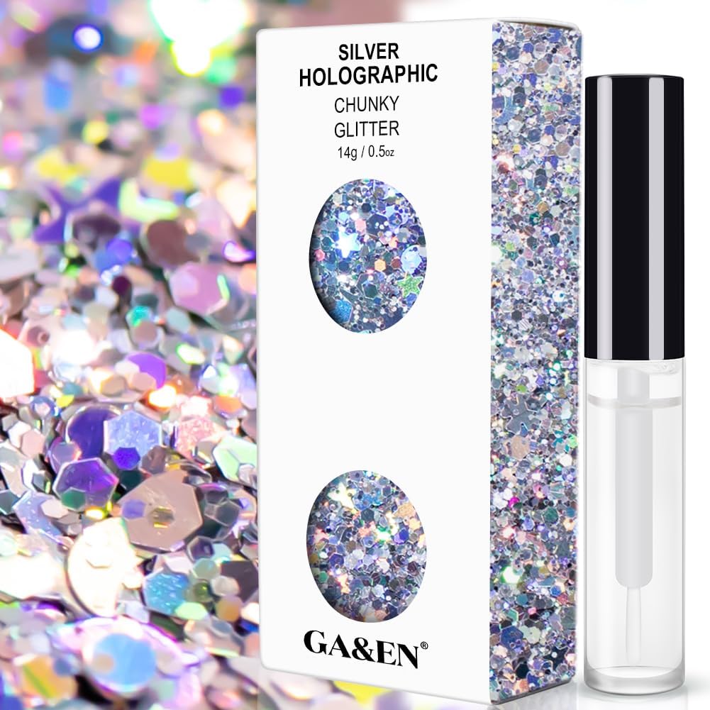Silver Holographic Chunky Glitter Cosmetic Body Hair Face Eye Nail for Festival Carnival Concert Party Beauty Rave Accessories Different Sizes&#x26;Shapes 2 Pots 14g/0.5oz+ Quick Dry Primer Glue Gel