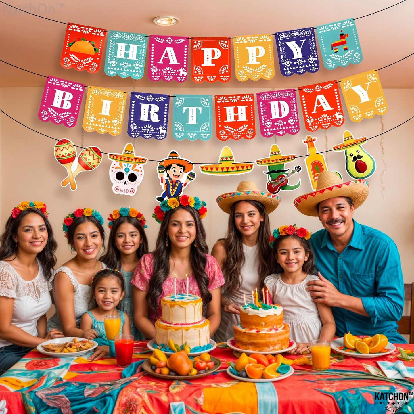 Fiesta Happy Birthday Banner - 15 feet, 3 String | Cinco De Mayo Theme, Mexican Fiesta Pinata Sombrero Garland for Mexican Birthday Party Decorations | Mexican Banner Fiesta Party Decorations