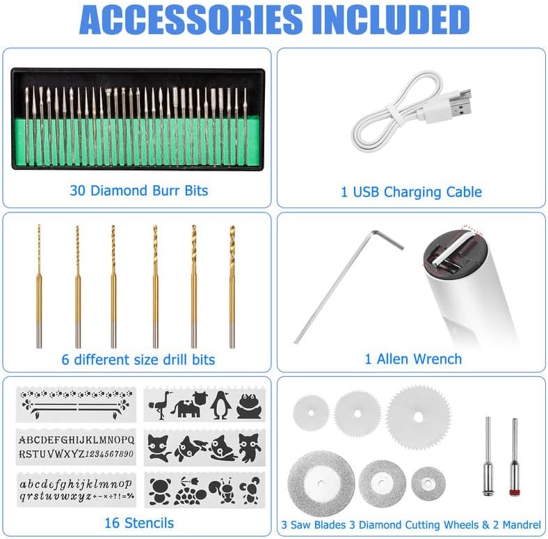 USB Rechargable Engraving Pen with 42 Bits, Mini Electric DIY Engraver Cordless Rotary Tools Portable Engraving Tool for Jewelry Wood Metal Stone Plastic Glass Etching