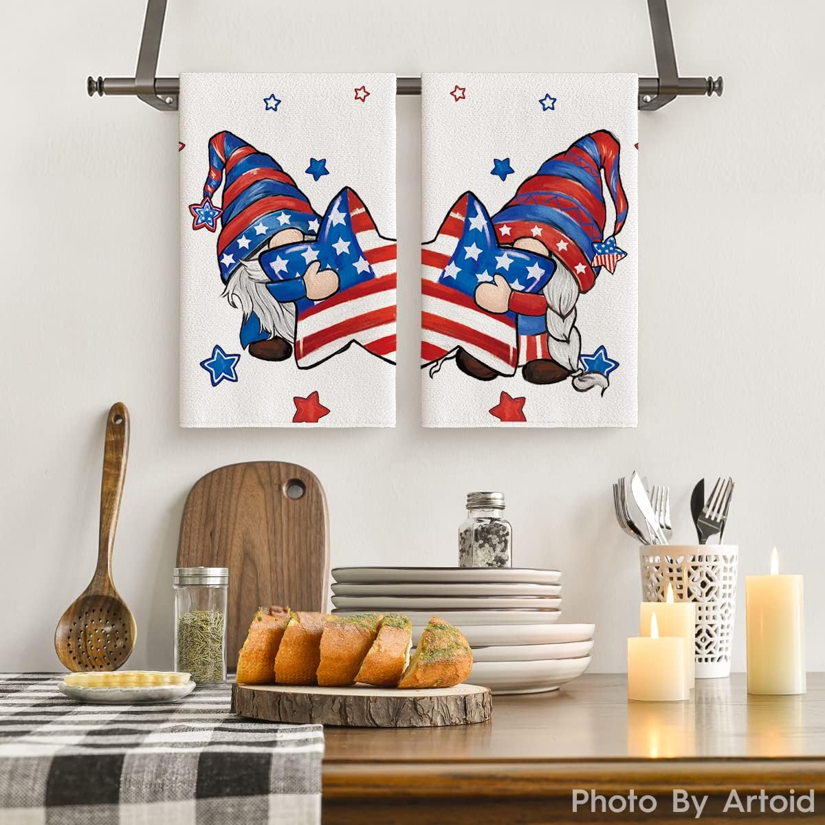 American Flag Stars Gnome 4th of July Kitchen Towels Dish Towels, 18x26 Inch Patriotic Memorial Day Decoration Hand Towels Set of 2