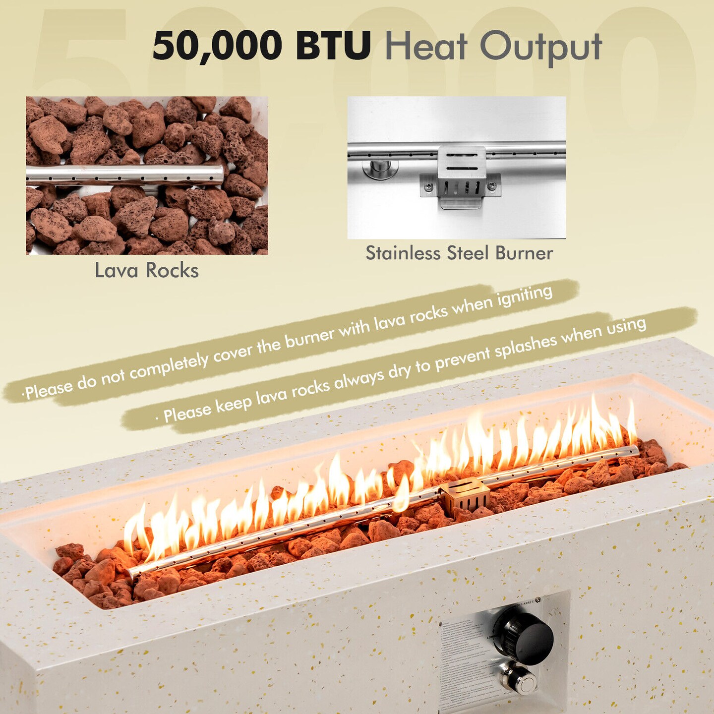 White Terrazzo Fire Pit Table with 50,000 BTU Heat, Metal and Stainless Steel