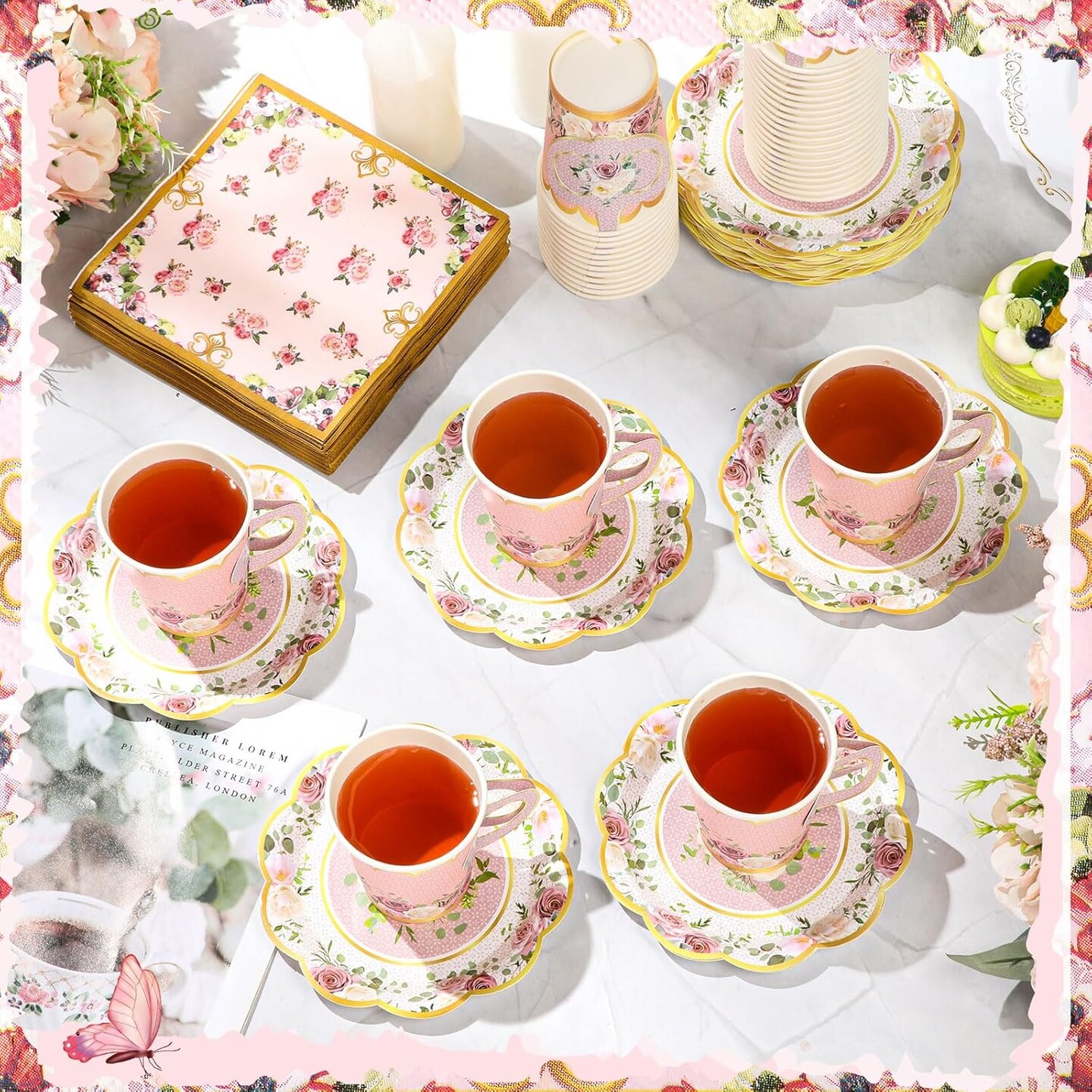 150 Pcs Tea Party Decorations for Tables 9 oz Floral Disposable Paper Tea Cups with Handles Plates Saucers Napkins for Summer Spring Party(Classic Style)