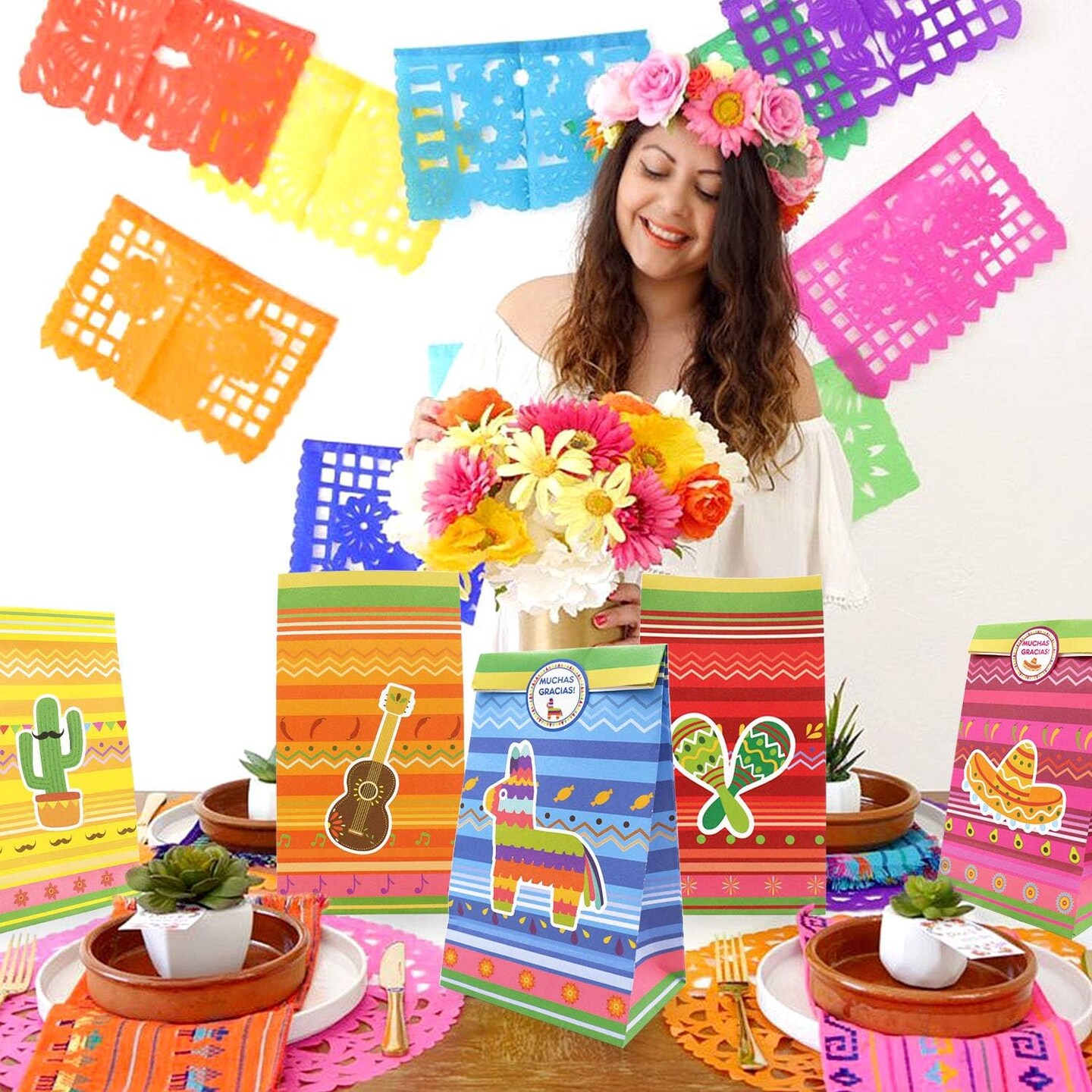 24 PCS Mexican Fiesta Party Favor Bags Paper Goodie Bags Cinco De Mayo Party Bags Taco Bar Decorations for Mexico Birthday Party Supplies Gift With Muchas Gracias Thank You Stickers