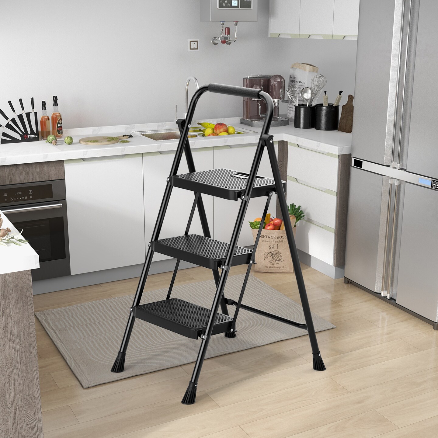 Black Metal Portable Folding 3 Step Ladder with Wide Anti-Slip Pedal and Convenient Handle