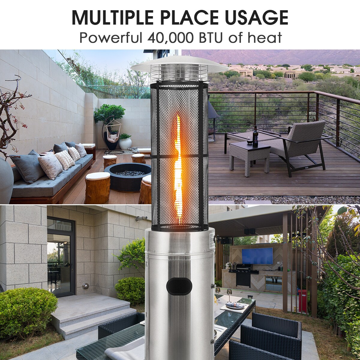 Silver Stainless Steel Round Glass Tube Patio Propane Heaters with Push-Button Ignition