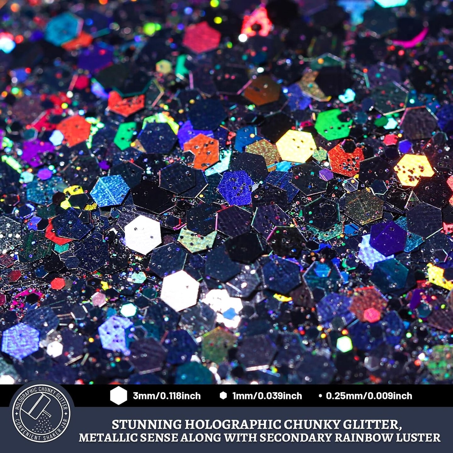 Black Glitter, Holographic Chunky Glitter, 160G/5.64OZ Glitter, Craft Glitter for Resin, Metallic Iridescent Chunky Fine Glitter Flake Bulk, Glitter for Nail Body, DIY Halloween Decorations