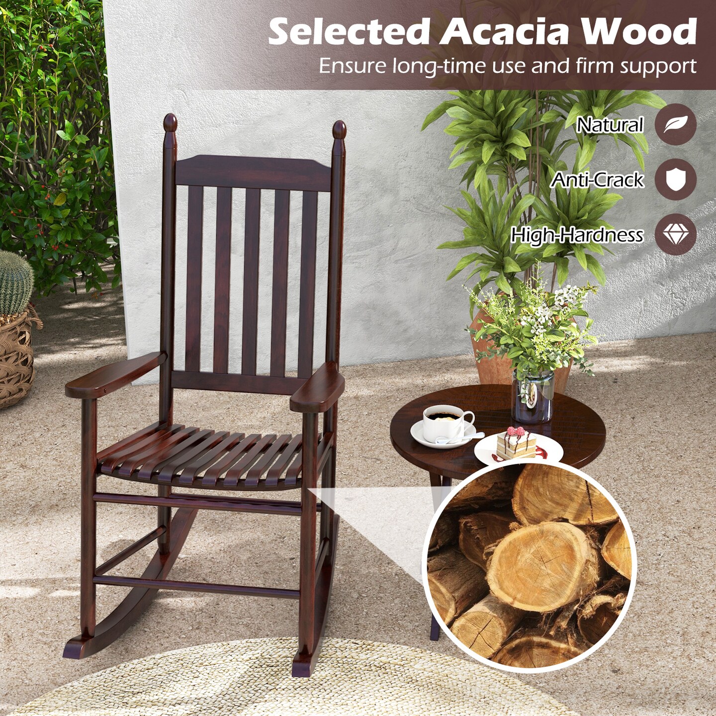 Acacia Wood Rocking Chair with Ergonomic Seat &#x26; Gentle Rocking Motion