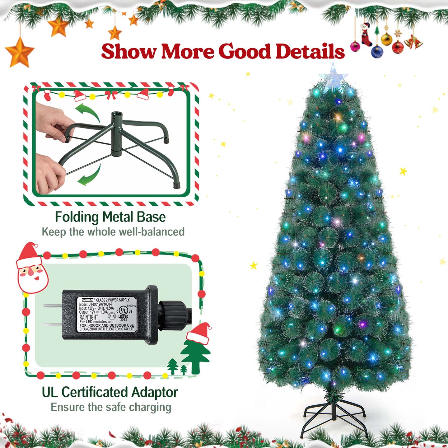 Costway 5FT/6FT/7FT Pre-Lit Fiber Optic Christmas Tree Xmas Decor with 148/185/226 Multi-Color LED Lights
