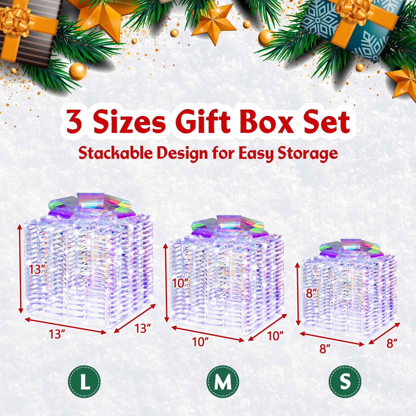 Costway Set of 3 Iridescent Christmas Gift Box LED Lighted Present Box Decoration Yard