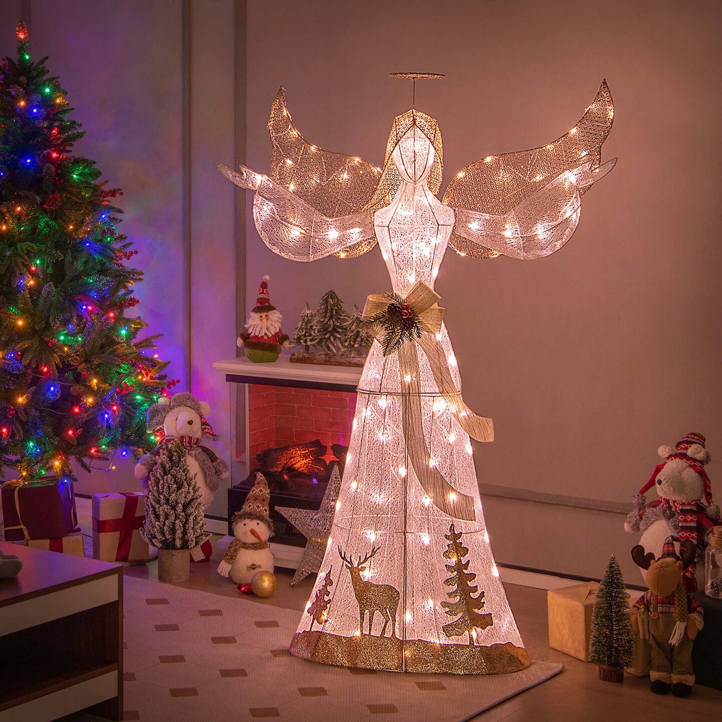Costway 5 FT Pre-Lit Christmas Angel 3D Glittered Decoration with Halo Bow & 100 Lights