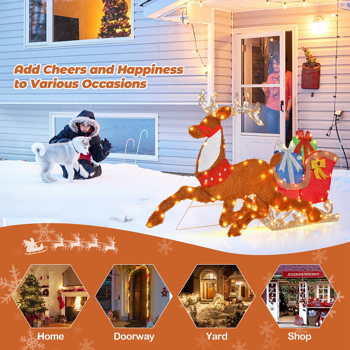 Costway Lighted 2D Christmas Reindeer and Sleigh Decoration Pre-Lit Glittered Decoration