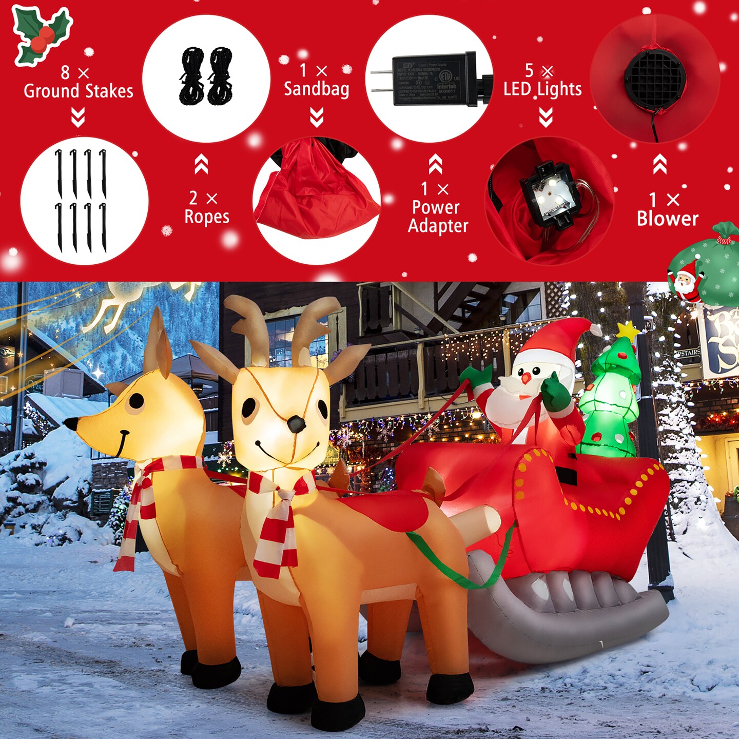 Costway 7.2 FT Inflatable Santa Claus Sleigh and Reindeer w/ LED Lights &#x26; Christmas Tree